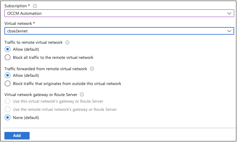 Uma captura de tela de adição do peering para o VNet para a assinatura 1.