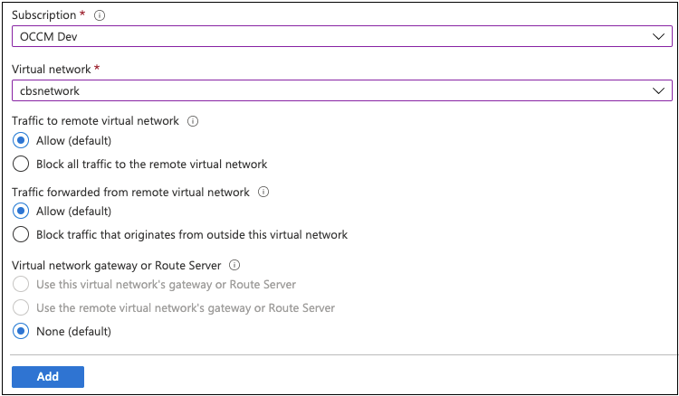 Uma captura de tela de adição do peering para o VNet para a assinatura 2.