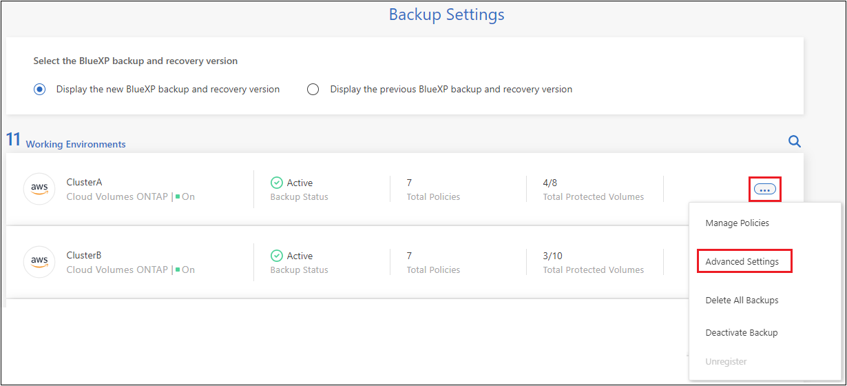 Uma captura de tela que mostra o botão Configurações avançadas na página Configurações de backup.