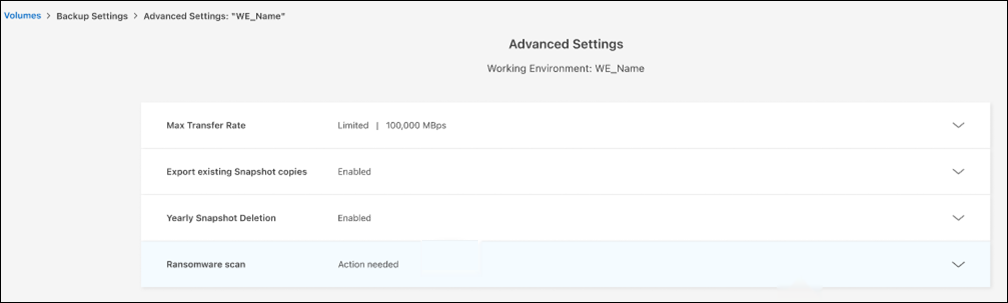 Uma captura de tela que mostra os valores de Configurações avançadas de backup para um ambiente de trabalho específico.