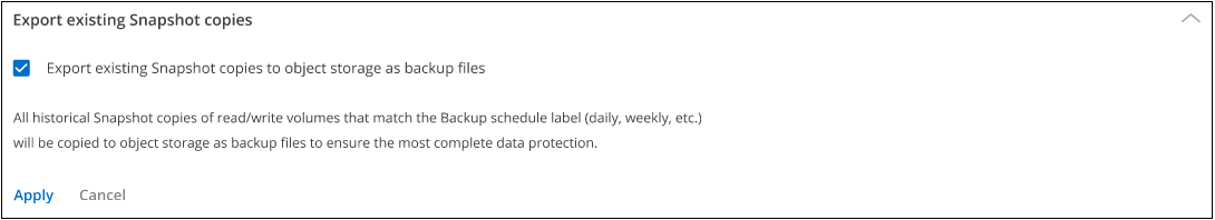 Uma captura de tela da entrada Exportar cópias Snapshot existentes na página Configurações avançadas.