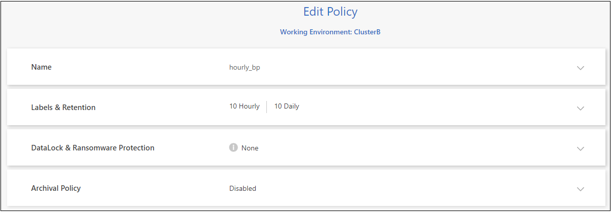 Uma captura de tela que mostra as configurações de política de backup, onde você pode modificar a programação de backup e a configuração de retenção de backup.