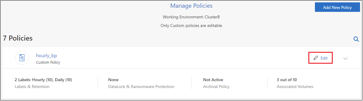 Uma captura de tela que mostra o botão Editar política na página Gerenciar políticas.