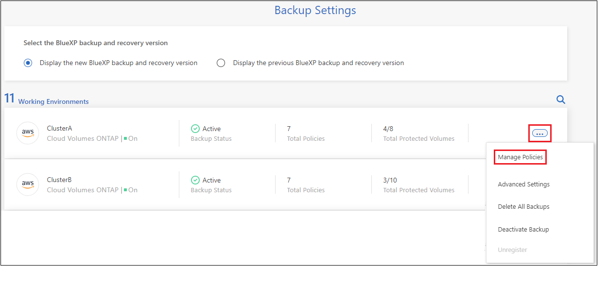 Uma captura de tela que mostra a opção Gerenciar políticas na página Configurações de backup.