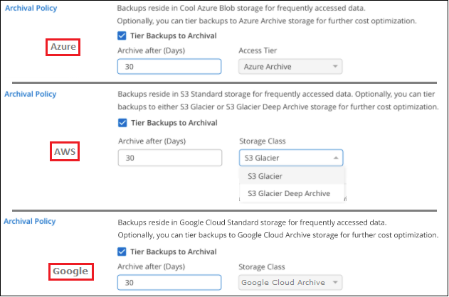 Uma captura de tela que mostra as configurações de disposição em camadas para armazenamento de arquivamento para backup e recuperação do BlueXP .