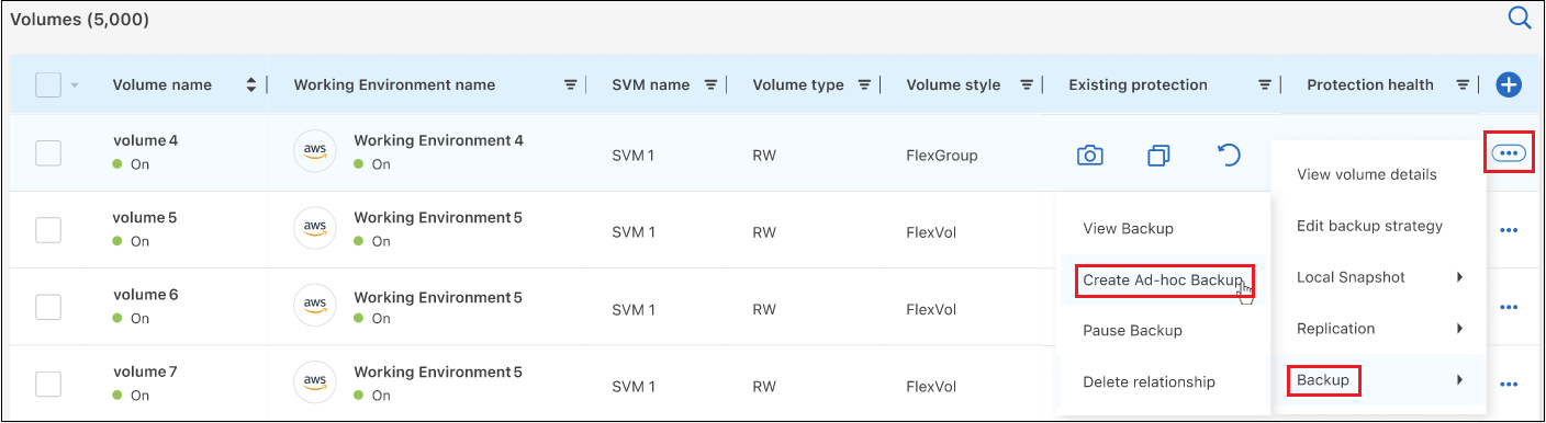 Uma captura de tela que mostra o botão fazer backup agora, que está disponível depois de selecionar um volume.