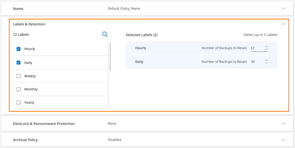 Uma captura de tela das configurações do Backup Schedule ao criar uma política de backup.