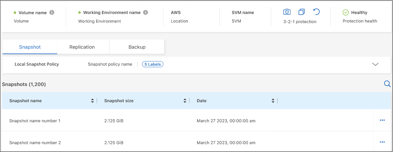 Uma captura de tela que mostra a lista de todos os arquivos de backup para um único volume.