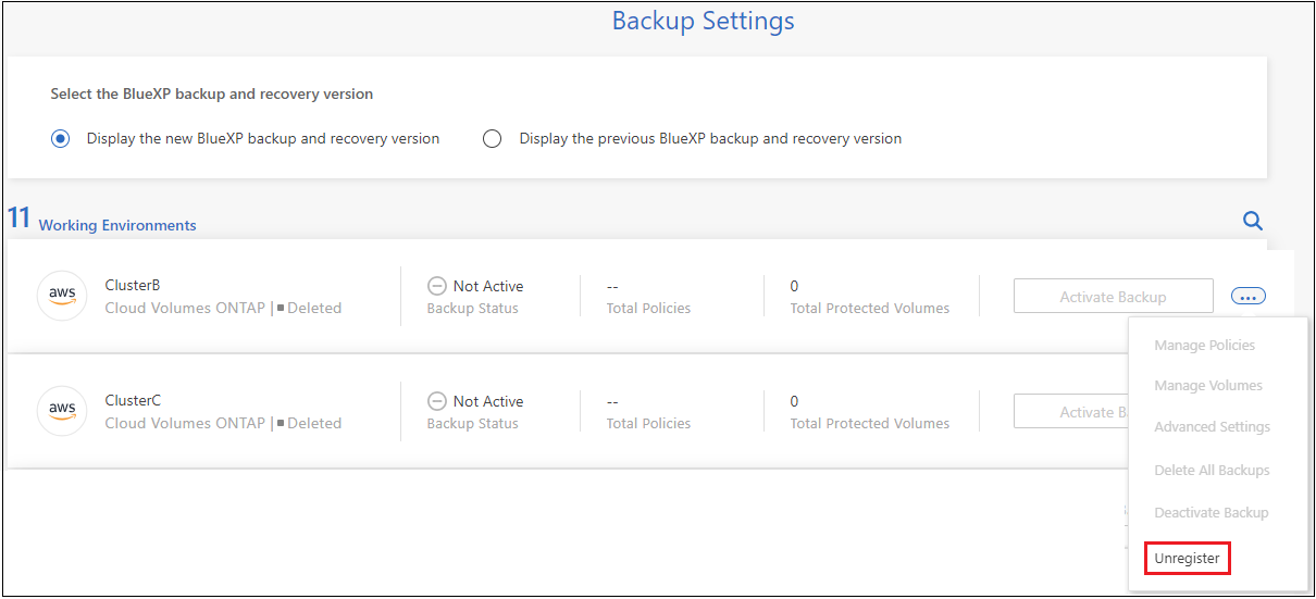 Uma captura de tela do botão DesRegistrar backup para um ambiente de trabalho.