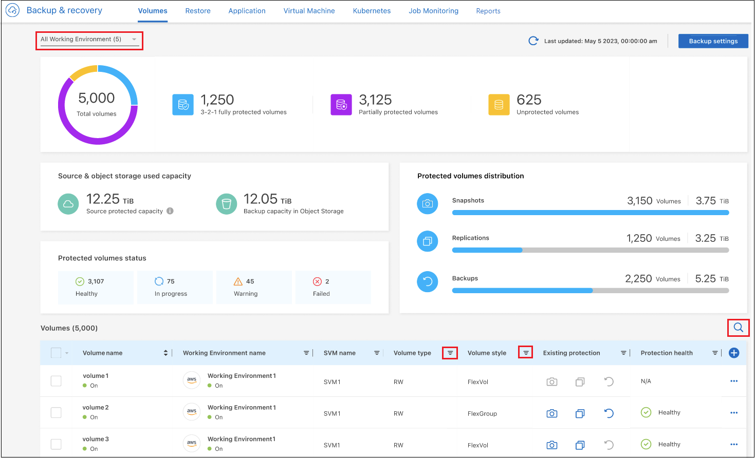 Uma captura de tela mostrando todos os ambientes de trabalho e volumes que têm arquivos de backup.