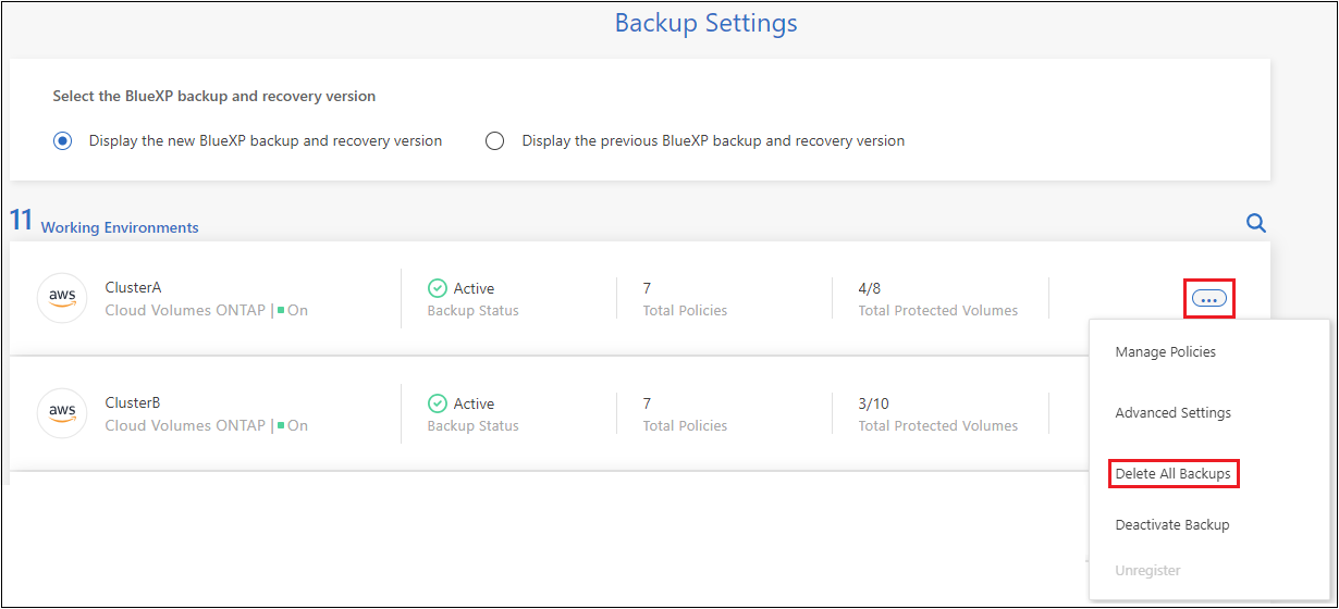 Uma captura de tela da seleção do botão Excluir todos os backups para excluir todos os backups de um ambiente de trabalho.