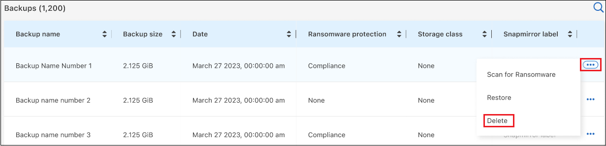 Uma captura de tela mostrando como excluir um único arquivo de backup.