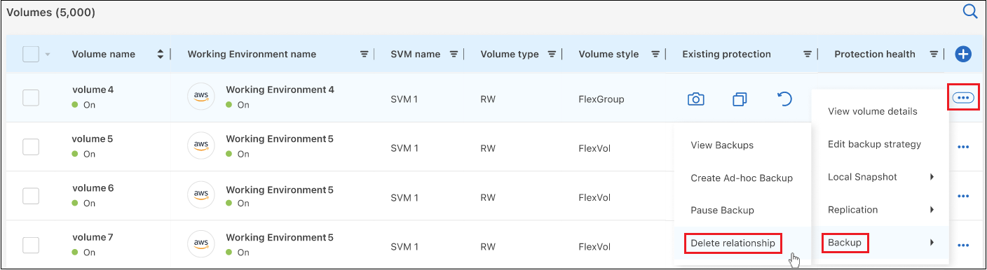 Uma captura de tela mostrando como excluir o relacionamento de backup de um único volume.