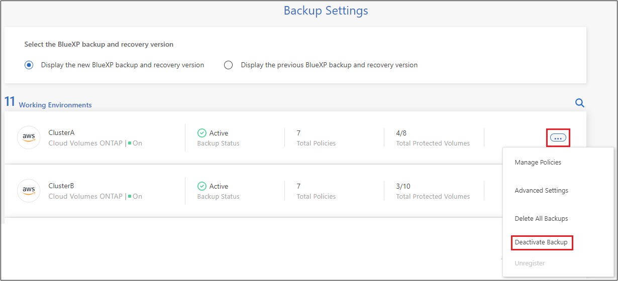 Uma captura de tela do botão Desativar backup para um ambiente de trabalho.