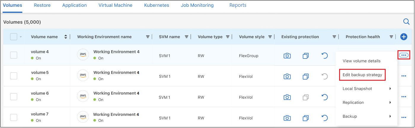Uma captura de tela que mostra o botão Editar estratégia de backup que está disponível depois de selecionar um volume.