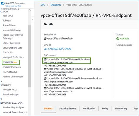 Uma captura de tela do nome DNS do endpoint VPC do Console AWS.