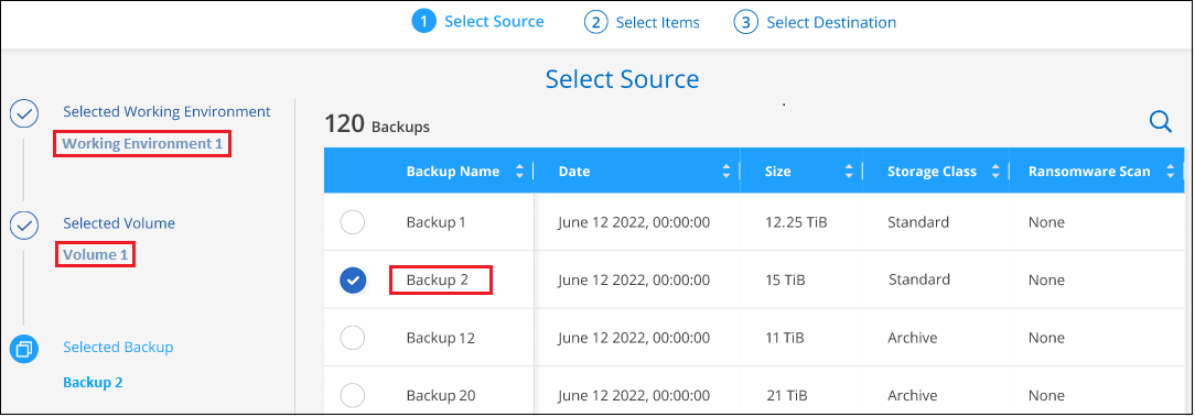 Uma captura de tela da seleção do volume e do backup dos itens que você deseja restaurar.