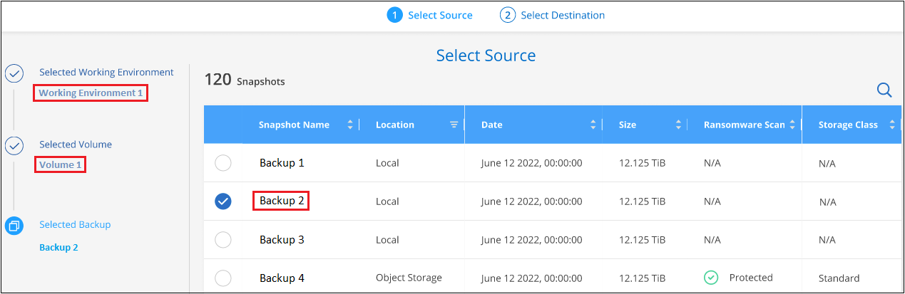 Uma captura de tela da seleção do ambiente de trabalho, volume e arquivo de backup de volume que você deseja restaurar.