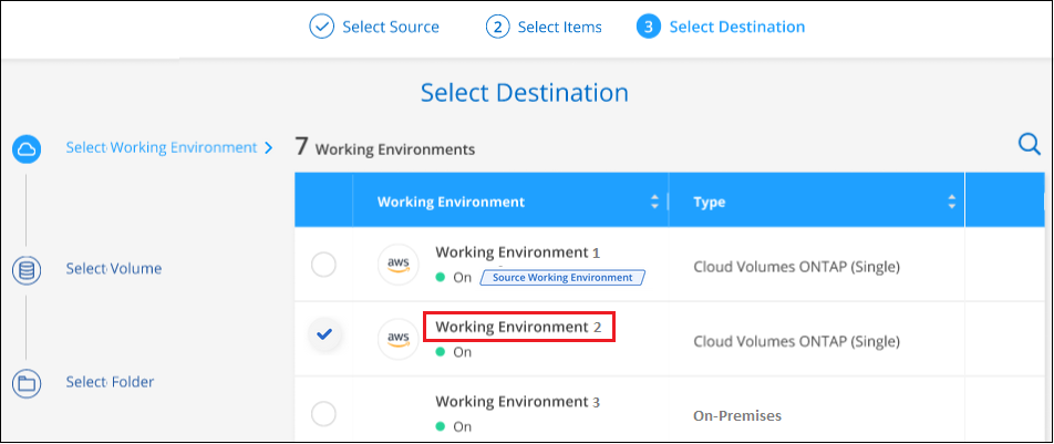 Uma captura de tela de seleção do ambiente de trabalho de destino para os itens que você deseja restaurar.