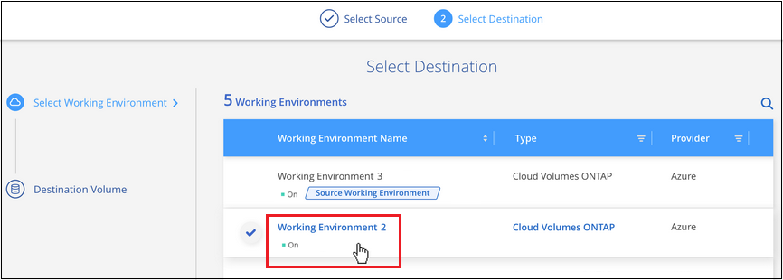 Uma captura de tela da seleção do ambiente de trabalho de destino para o volume que você deseja restaurar.