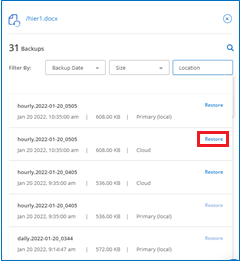 Uma captura de tela mostrando como exibir todos os backups que correspondem aos seus critérios de pesquisa.