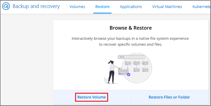 Uma captura de tela da seleção do botão Restaurar volumes no Painel de Restauração.