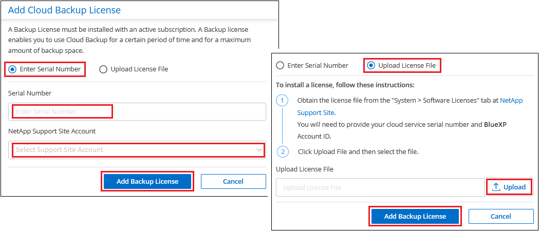 Uma captura de tela que mostra a página para adicionar a licença BYOL de backup e recuperação do BlueXP .