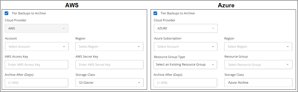 Uma captura de tela das informações necessárias para arquivar arquivos de backup do StorageGRID para AWS S3 ou Azure Blob.