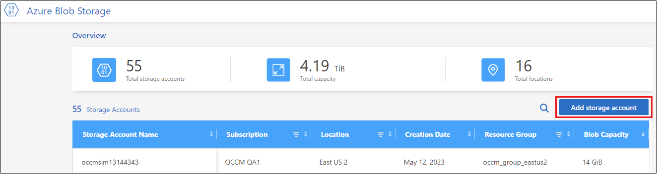 Uma captura de tela que mostra os detalhes de um ambiente de trabalho de armazenamento de Blobs do Azure e o botão Adicionar conta de armazenamento.