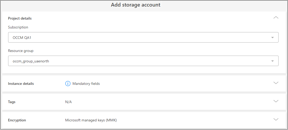 Uma captura de tela mostrando a página Adicionar conta de armazenamento para que você possa criar suas próprias contas de armazenamento Azure Blob.