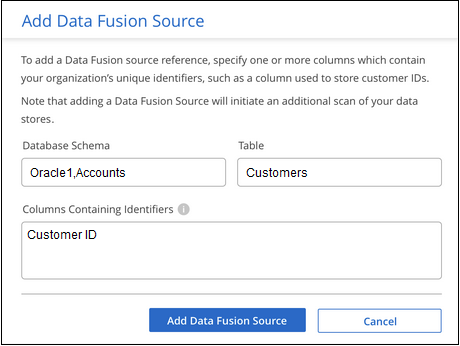 Uma captura de tela de identificação do esquema, tabela e coluna para a origem do data Fusion.