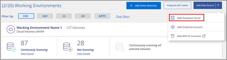 Uma captura de tela da página Configuração de digitalização, onde você pode clicar no botão Adicionar servidor de banco de dados.