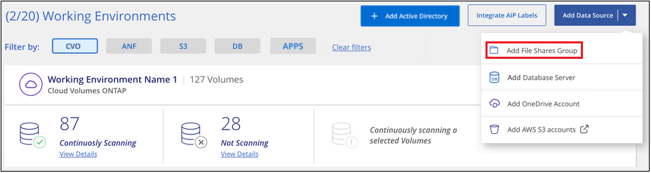 Uma captura de tela da página Configuração de digitalização, onde você pode clicar no botão Adicionar grupo de compartilhamentos de arquivos.