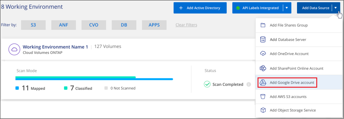 Uma captura de tela da página Configuração de digitalização, onde você pode clicar no botão Adicionar Google Drive.