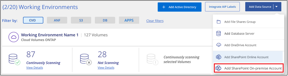 Uma captura de tela da página Configuração onde você pode clicar no botão Adicionar SharePoint on-premise.