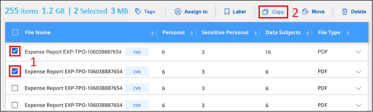 Uma captura de tela mostrando como selecionar os arquivos a serem copiados e o botão Copiar na página Investigação de dados.