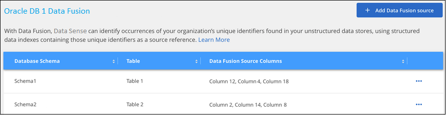 Uma captura de tela de todas as referências de origem de dados que você configurou com o Data Fusion.