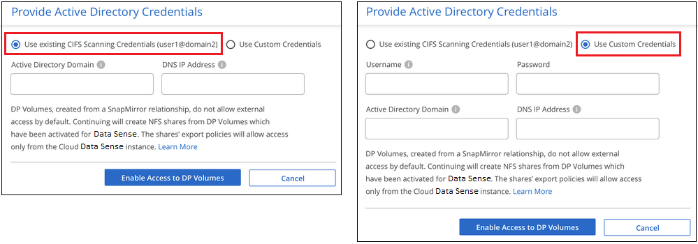 Uma captura de tela das duas opções para habilitar volumes de proteção de dados CIFS.