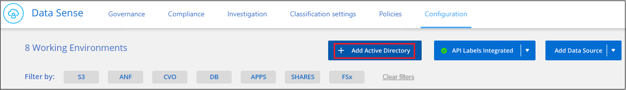 Uma captura de tela que mostra clicar no botão para adicionar um servidor do ative Directory à classificação do BlueXP .