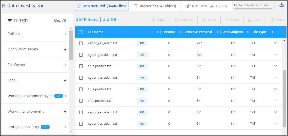 Uma captura de tela dos filtros disponíveis ao refinar os resultados na página de investigação.