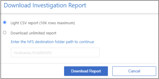 Uma captura de tela da página Download Investigation Report com várias opções.