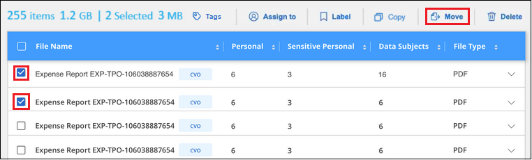 Uma captura de tela mostrando como selecionar os arquivos a serem movidos e o botão mover na página Investigação de dados.