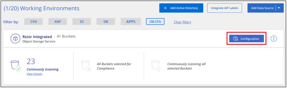 Uma captura de tela de clicar em Configuração para o ambiente de trabalho para que você possa escolher os buckets que deseja digitalizar.