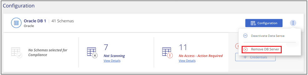 Uma captura de tela do botão Remover servidor de banco de dados da página Configuração de digitalização.