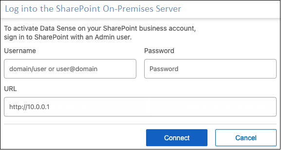 Uma captura de tela mostrando as informações de login de uma conta no SharePoint no local.