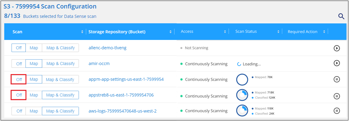 Uma captura de tela mostrando como selecionar o tipo de digitalização para um bucket.