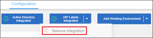 Uma captura de tela mostrando como remover integrações AIP com a classificação BlueXP .