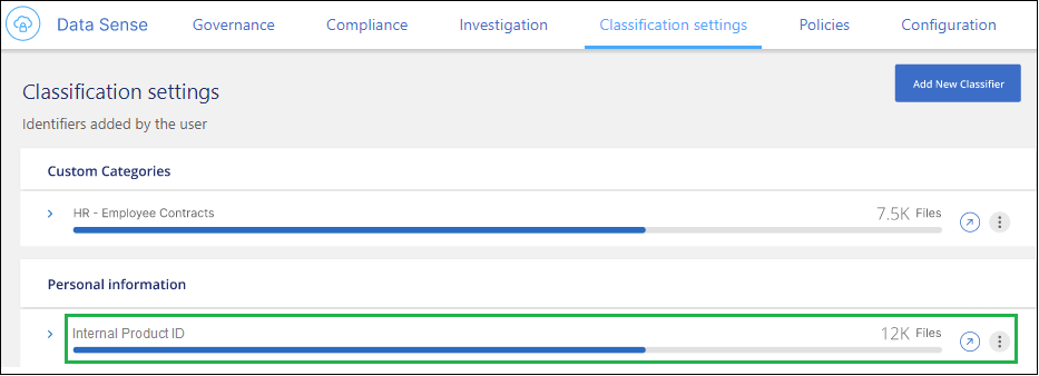 Uma captura de tela mostrando os resultados de um novo classificador regex sendo adicionado ao sistema com a varredura em andamento.