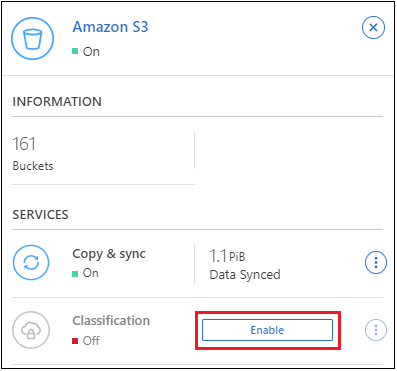 Uma captura de tela da ativação do serviço de classificação BlueXP  no painel Serviços