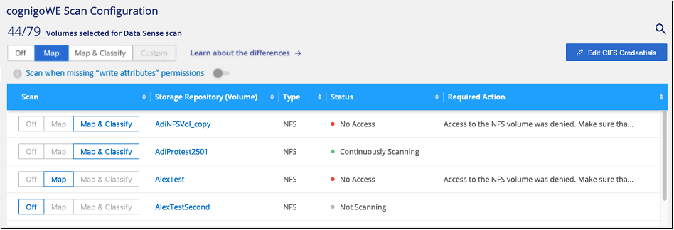 Uma captura de tela da página Configuração onde você pode ativar ou desativar a digitalização de volumes individuais.